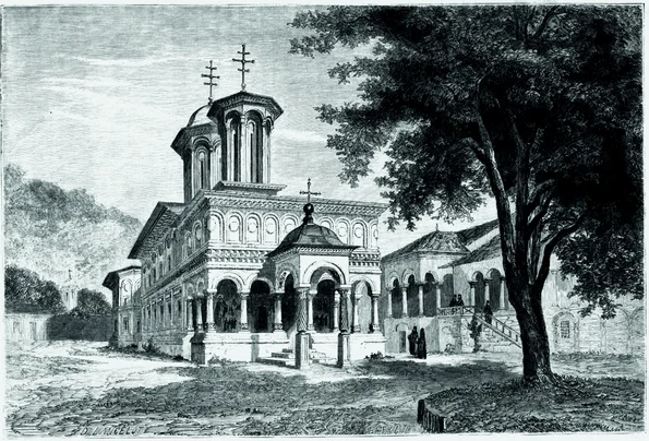 Biserica Mănăstirii Hurezi, în 1860, desen de Dieudonné Lancelot