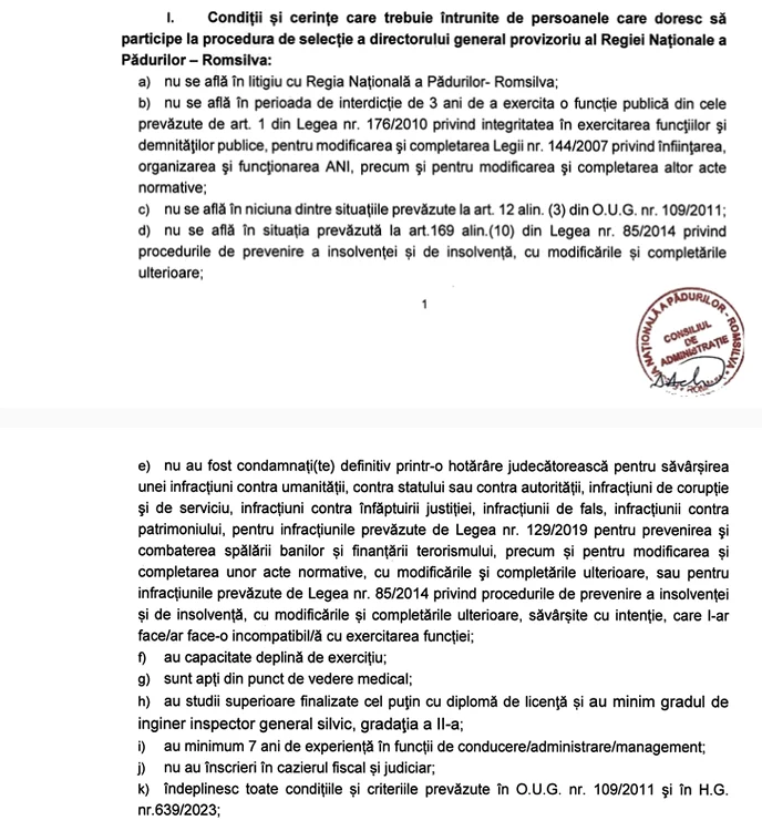 Cerințele de selecție anunțate de Romsilva pentru postul de director / Sursa foto: Document