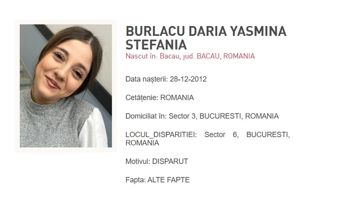 Alertă în Capitală: fată de 13 ani dispărută. Poliția a emis mesaj RO-ALERT. FOTO: Poliția Română