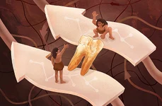 O ilustrație care arată cum analiza smalțului dentar a dezvăluit conexiuni surprinzătoare între grupurile umane arhaice (©  Institutul de Paleontologie a Vertebratelor și Paleoantropologie, Academia Chineză de Științe)