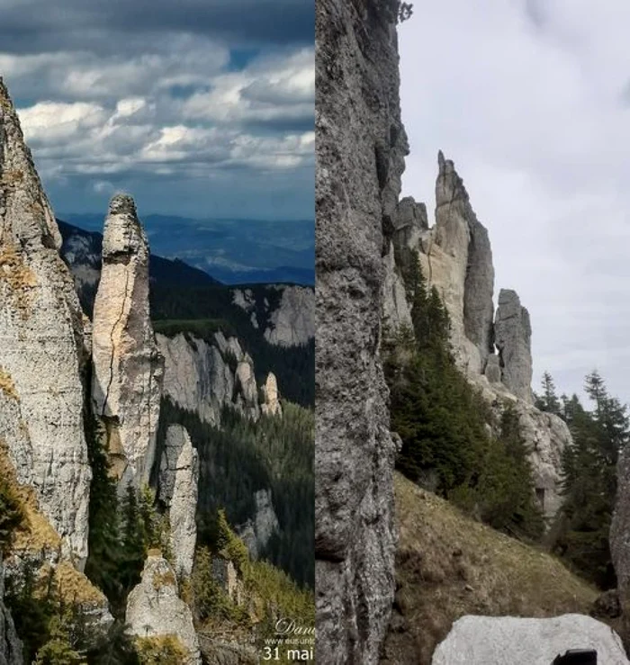 Turnul Ocolaşului Mic, înainte şi după prăbuşirea unei bucăţi din el. FOTO Daniel Ursu Salvamont Neamţ