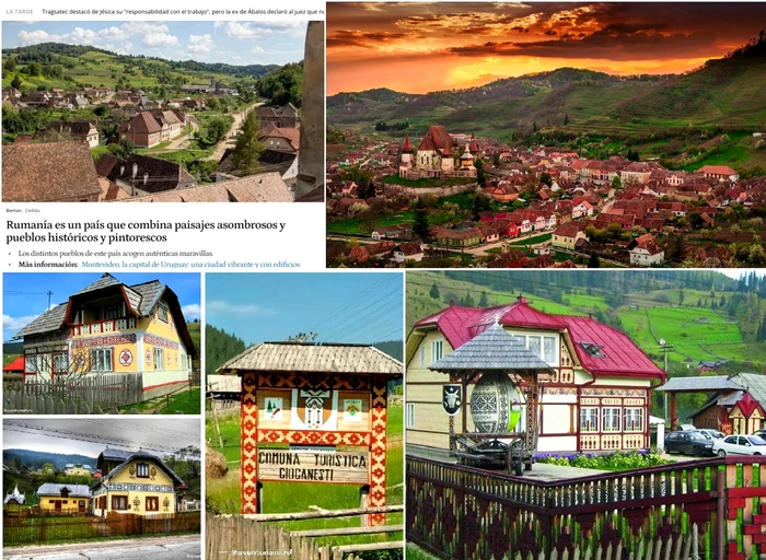Colaj cu articolul din El Espanol și cu imagini ale satelor prezentate în presa spaniolă