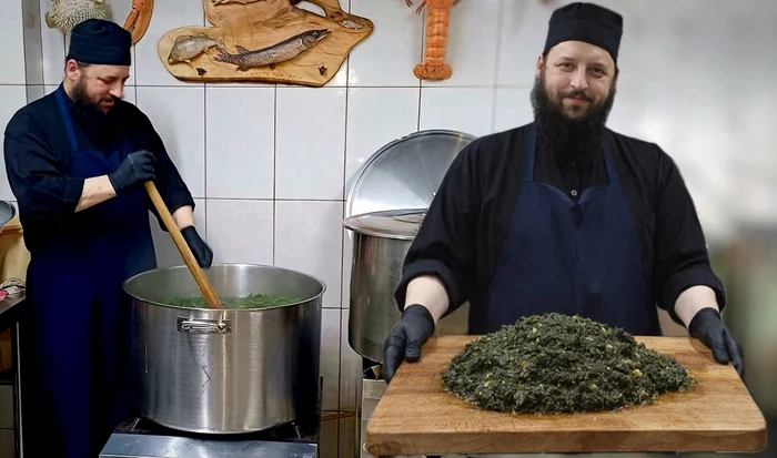 Mâncarea de urzici făcută de călugărul bucătar Efrem Băndărică / foto: colaj Facebook