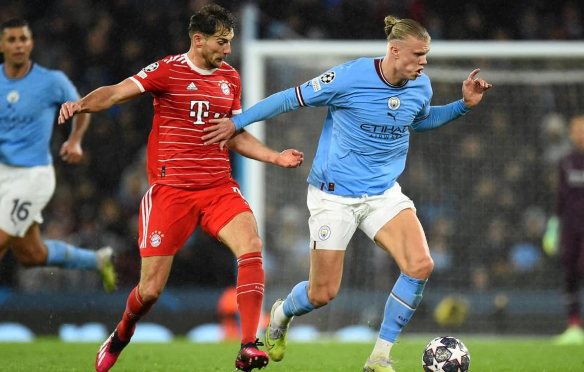 Mijlocașul lui Bayern, Leon Goretzka, și atacantul lui Manchester City, Erling Haaland. Foto:EPA-EFE