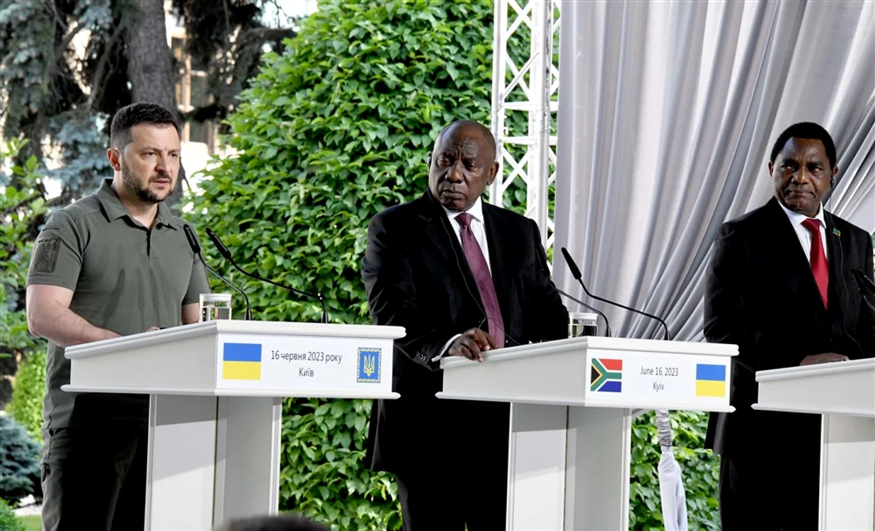Conferință de presă la Kiev: Volodimir Zelenski, Cyril Ramaphosa și Hakainde Hichilema FOTO EPA-EFE