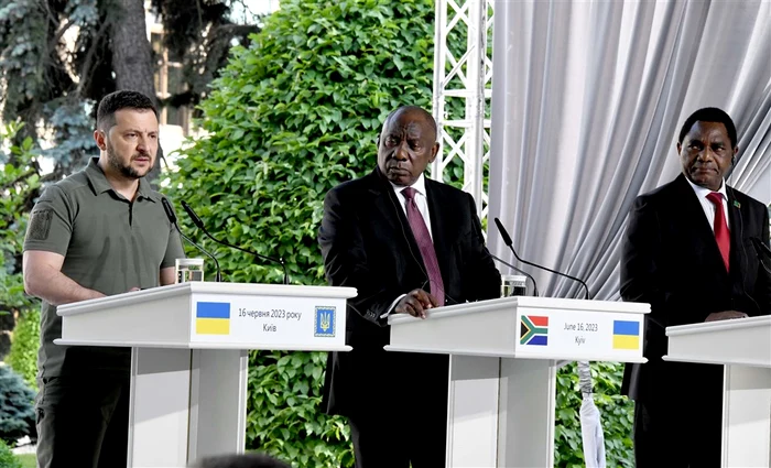 Conferință de presă la Kiev: Volodimir Zelenski, Cyril Ramaphosa și Hakainde Hichilema FOTO EPA-EFE