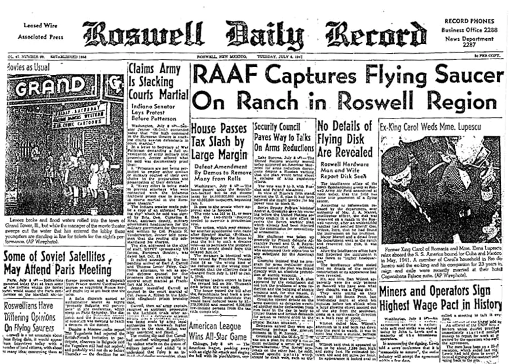 Roswell Daily Record - 8 iulie 1947, anunțând „capturarea" unei „farfurii zburătoare” FOTO Wikipedia