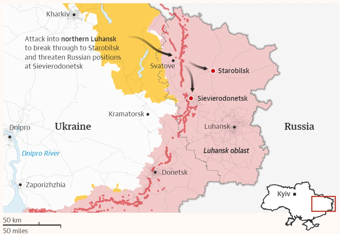 Atacul ar putea fi lansat din nordul regiunii Lugansk spre orașele ocupate din sud FOTO The Guardian