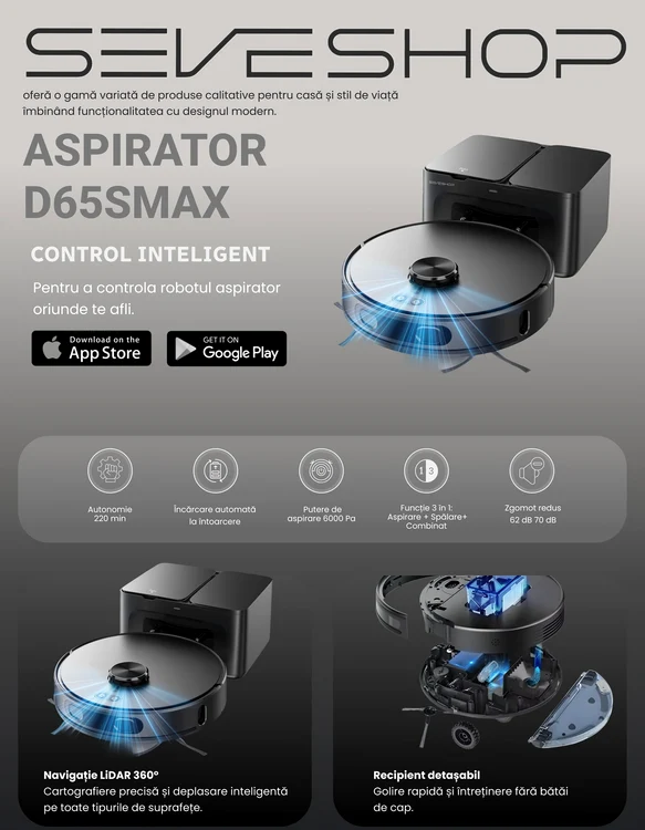 Aspirator robot SeveShop D65S MAX cu navigație LiDAR 360 de grade