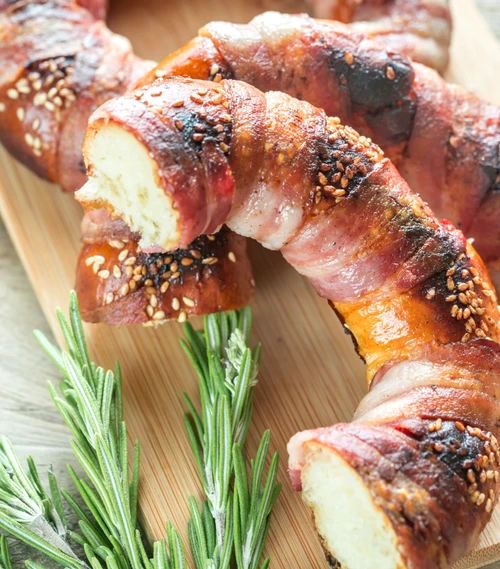 Bagels with sesame wrapped in bacon rashers jpeg