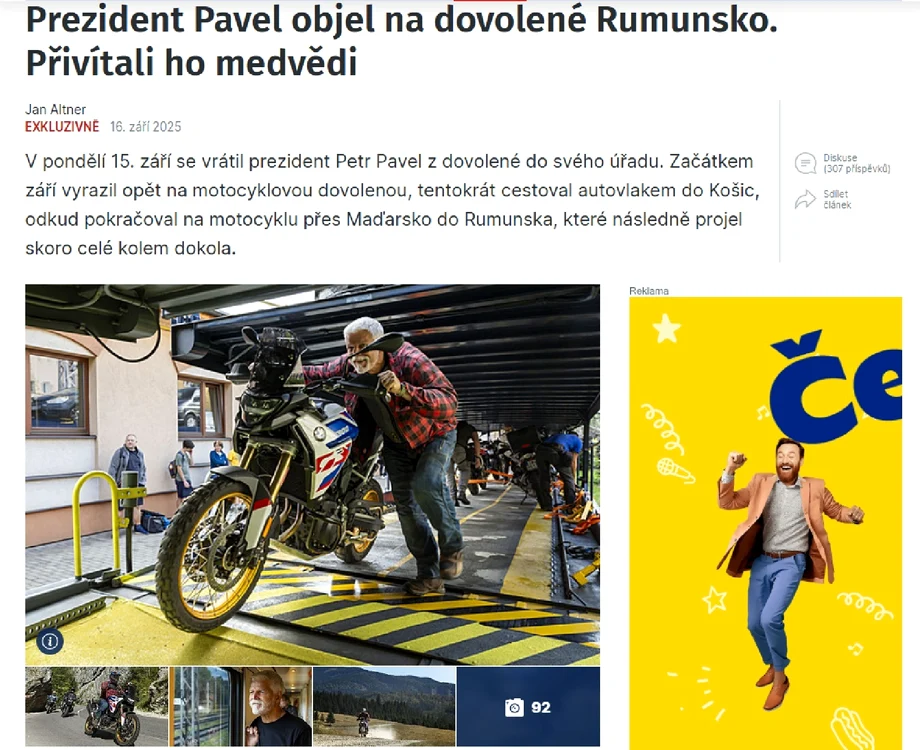 Captură articol presa cehă despre vacanța președintelui Cehiei Petr Pavel în România Foto IDNES.cz