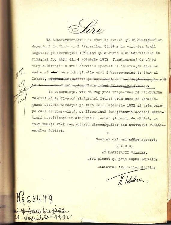 Nota nr. 63.479 din 28 noiembrie 1932 a ministrului de Externe al României,  Nicolae Titulescu,  adresată regelui Carol al II-lea,  propunea desființarea,  începând cu 1 decembrie 1932,  a Direcției Serviciului Special de Informații,  înființată de Jean Pangal în cadrul Subsecretariatului de Stat al Presei și Informațiilor,  din subordinea Ministerului de Externe 