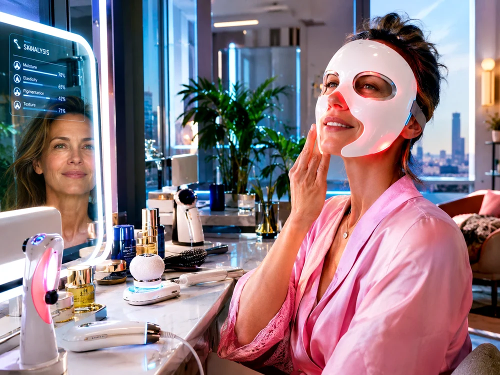 Femeie cu mască facială LED în fața unei oglinzi inteligente, cu dispozitive de beauty în jur