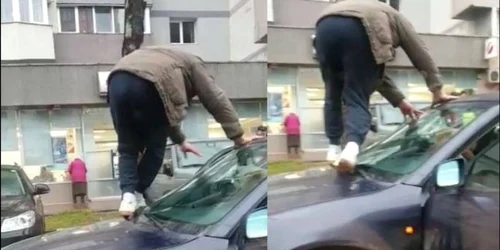 barbat care escaladeza masina 