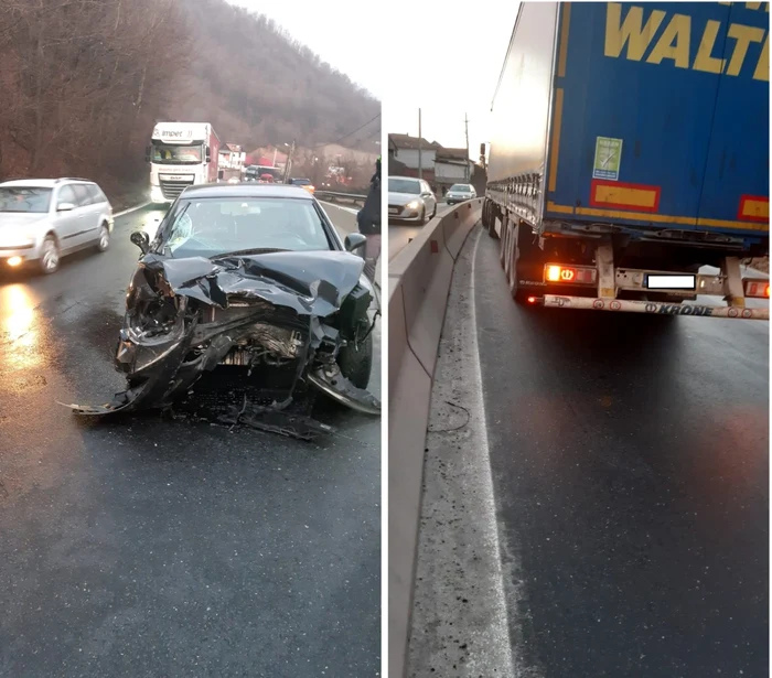 Trafic îngreunat pe Valea Oltului în urma coliziunii dintre un autoturism şi un TIR la Bujoreni - Vâlcea Foto Adevărul