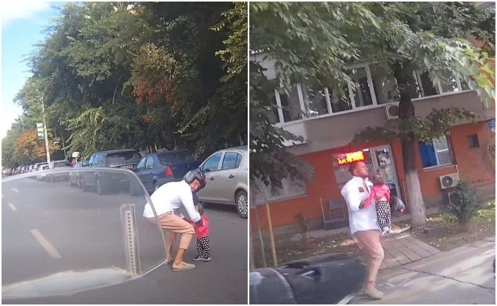 Imagini care îți taie respirația! Un copil de nici 2 ani, singur în mijlocul traficului din București. Un motociclist a intervenit