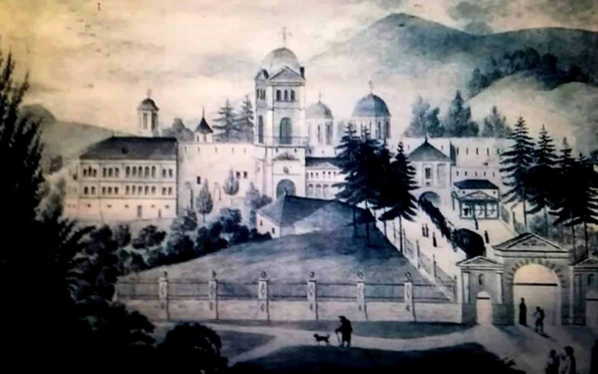 Litografie a Mănăstirii Horezu - Vâlcea patrimoniul UNESCO din colecţia ing Lotru - ultimul restaurator Foto FB Ştefan Rachieru