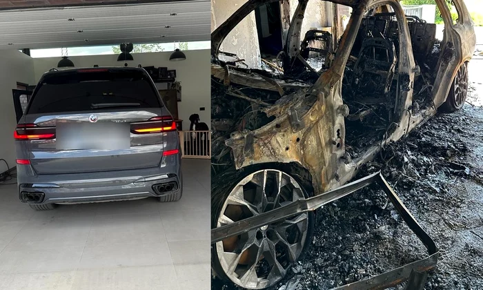 Un BMW X7 a luat foc în timp ce era parcat în garaj FOTO Vlad Drăguescu