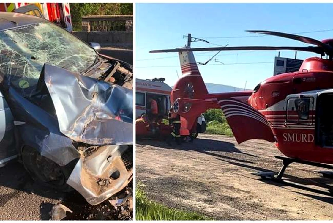 Șoferul autoturismului care a intrat în partea din spate a dubei de transport marfă a fost transportat la spital cu elucopterulFoto: aradon.ro