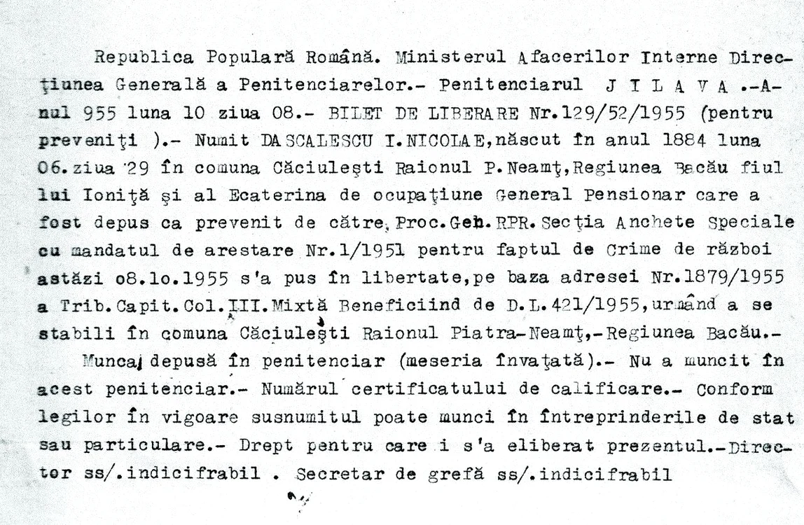 1955: biletul de eliberare din penitenciar