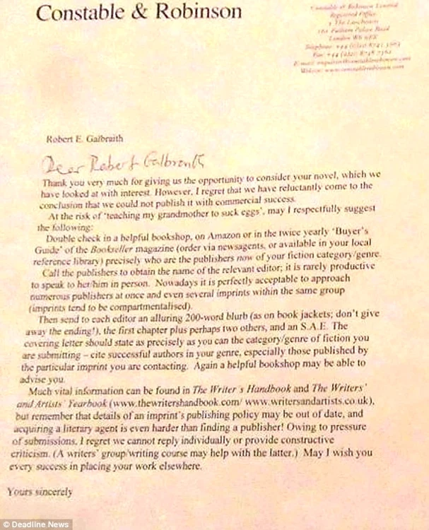 scrisoare de respingere editura jk rowling