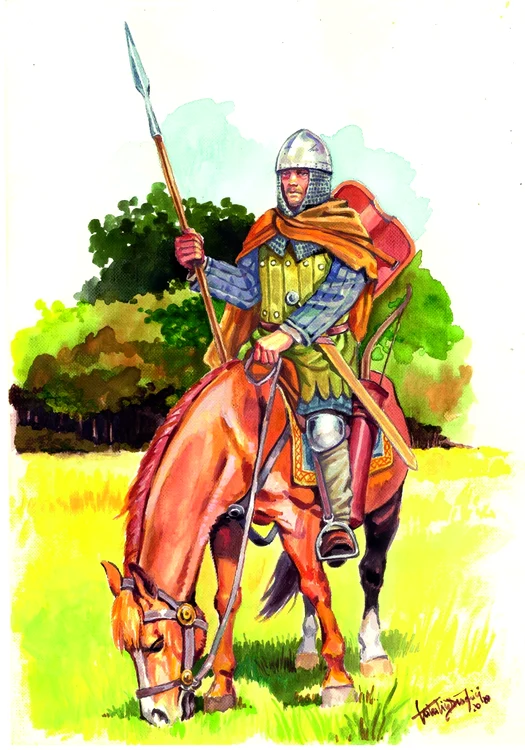 Soldat din cavaleria grea munteană, cu echipament complet – coif, glugă de zale, lance, spadă, arc și săgeți, gambeson, brigandină, scut de tip pavăză pe spate. Probabil majoritatea cavaleriei grele arăta astfel (Ilustrație de Cătălin Drăghici)
