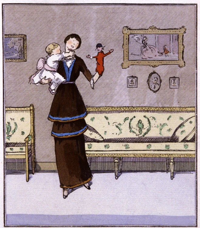 Rochie de zi,  creaţia lui Jacques Doucet (ilustraţie din „La Gazette du Bon Ton“,  1914)