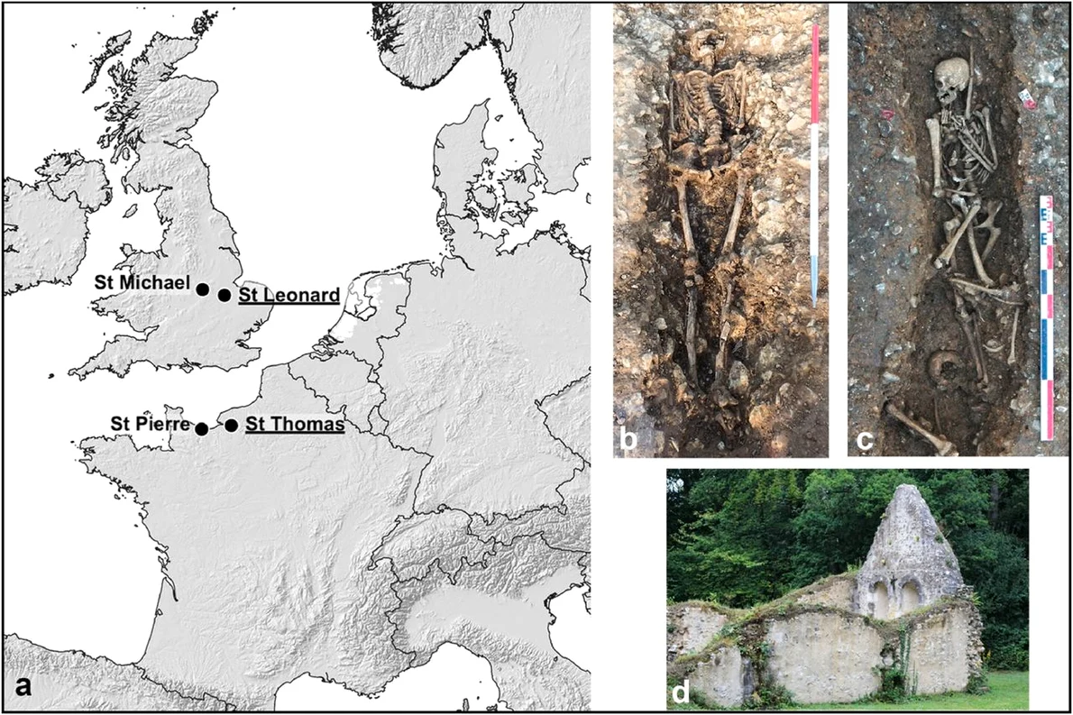a) Amplasarea cimitirelor utilizate în studiu; b) Mormântul 45 de la leprozeria St Leonard’s; c) Mormântul 848 de la leprozeria Saint-Thomas d'Aizier; d) Capela Saint-Thomas d'Aizier (© Fiorin et al. 2026)