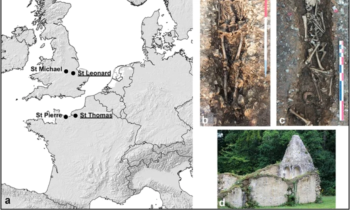 a) Amplasarea cimitirelor utilizate în studiu; b) Mormântul 45 de la leprozeria St Leonard’s; c) Mormântul 848 de la leprozeria Saint-Thomas d'Aizier; d) Capela Saint-Thomas d'Aizier (© Fiorin et al. 2026)