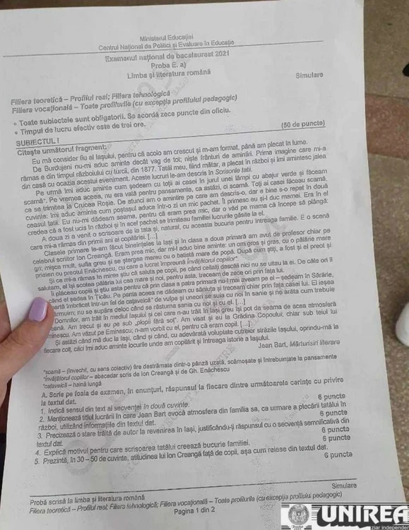 subiecte simulare Bac romana real foto Ziarul Unirea 