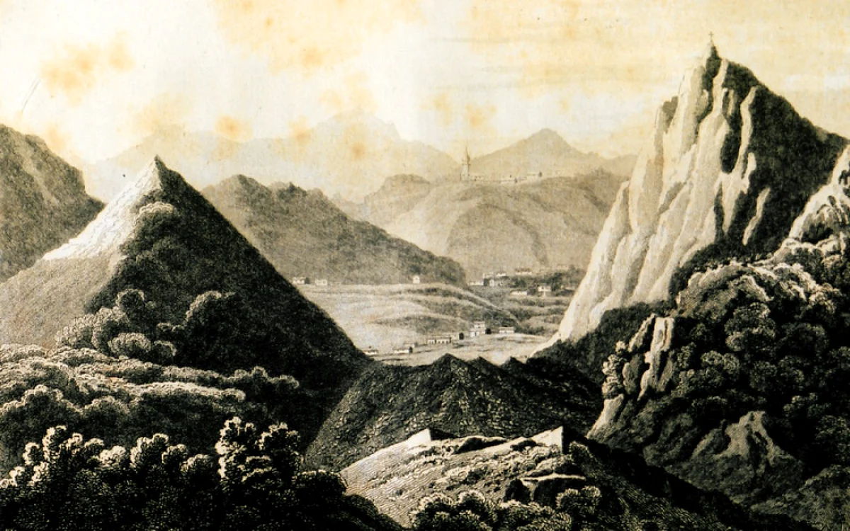 Mina de telur, între deaurile Calvaria Mică şi Calvaria Mare din Săcărâmb, în 1808. Gravură Ed. Clarke.