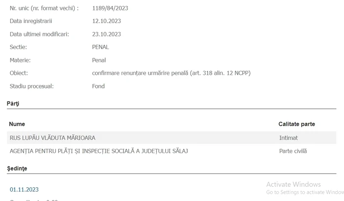 Pagina dosarului de pe site-ul Tribunalului Sălaj