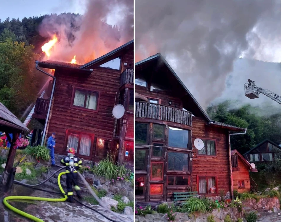 Cabana plină cu 50 de copii aflaţi în tabără de la Râu Sadului - Sibiu care a luat foc Foto colaj ISU Sibiu