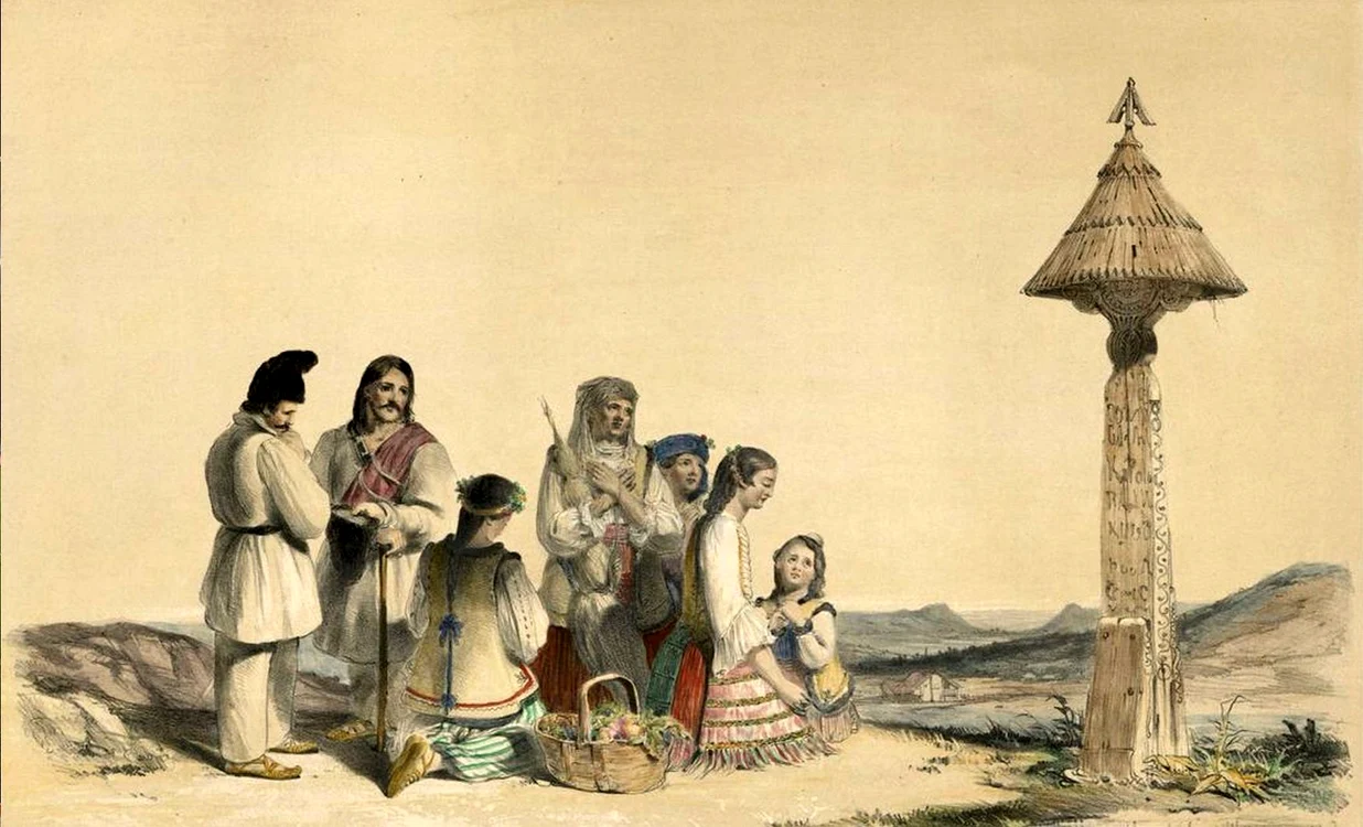 Țărani români la Porțile de Fier ale Transilvaniei. Schiță. Edward Hering, secolul al XIX-lea. 