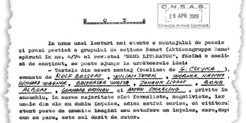 Documentul publicat de revista „Halbjahresschrift“, în care sursa „Moga“ nota că textele scriitorilor din Grupul de Acţiune Banat sunt „formaliste“, „negativiste“ şi cu „dublu înţeles“