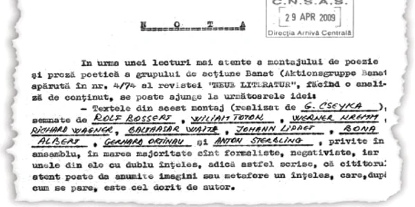 Documentul publicat de revista „Halbjahresschrift“, în care sursa „Moga“ nota că textele scriitorilor din Grupul de Acţiune Banat sunt „formaliste“, „negativiste“ şi cu „dublu înţeles“
