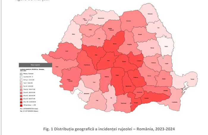 Harta incidenței rujeolei în România - Foto INSP