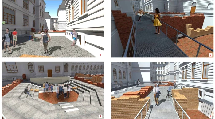 Soluții și idei de punere în valoare a vestigiilor arheologice din curtea interioară a Universității București (credit: Polarh Design)