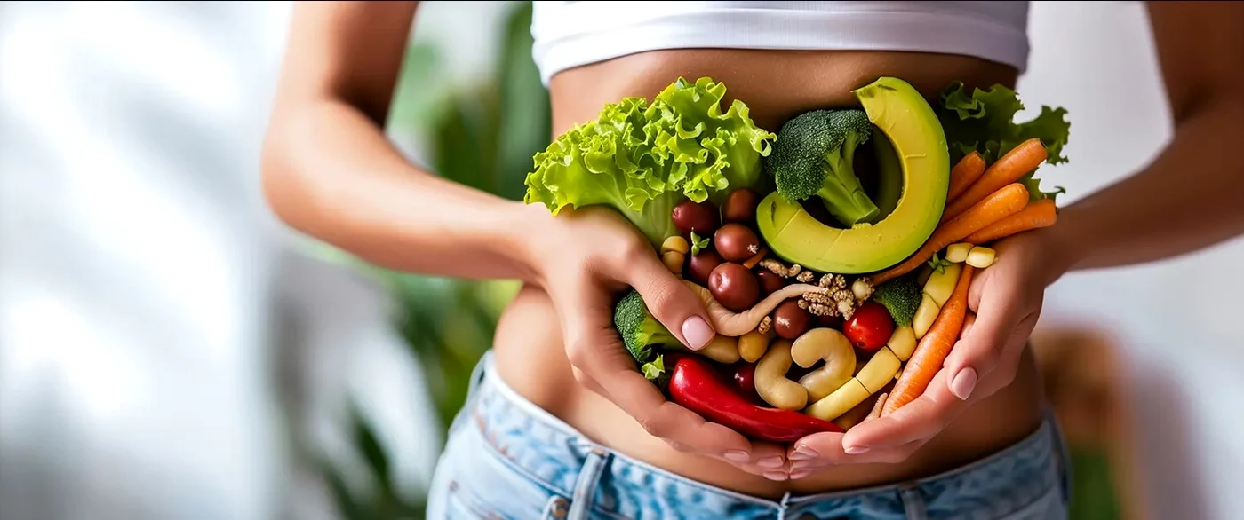 Imagine stilizată cu legume în abdomen