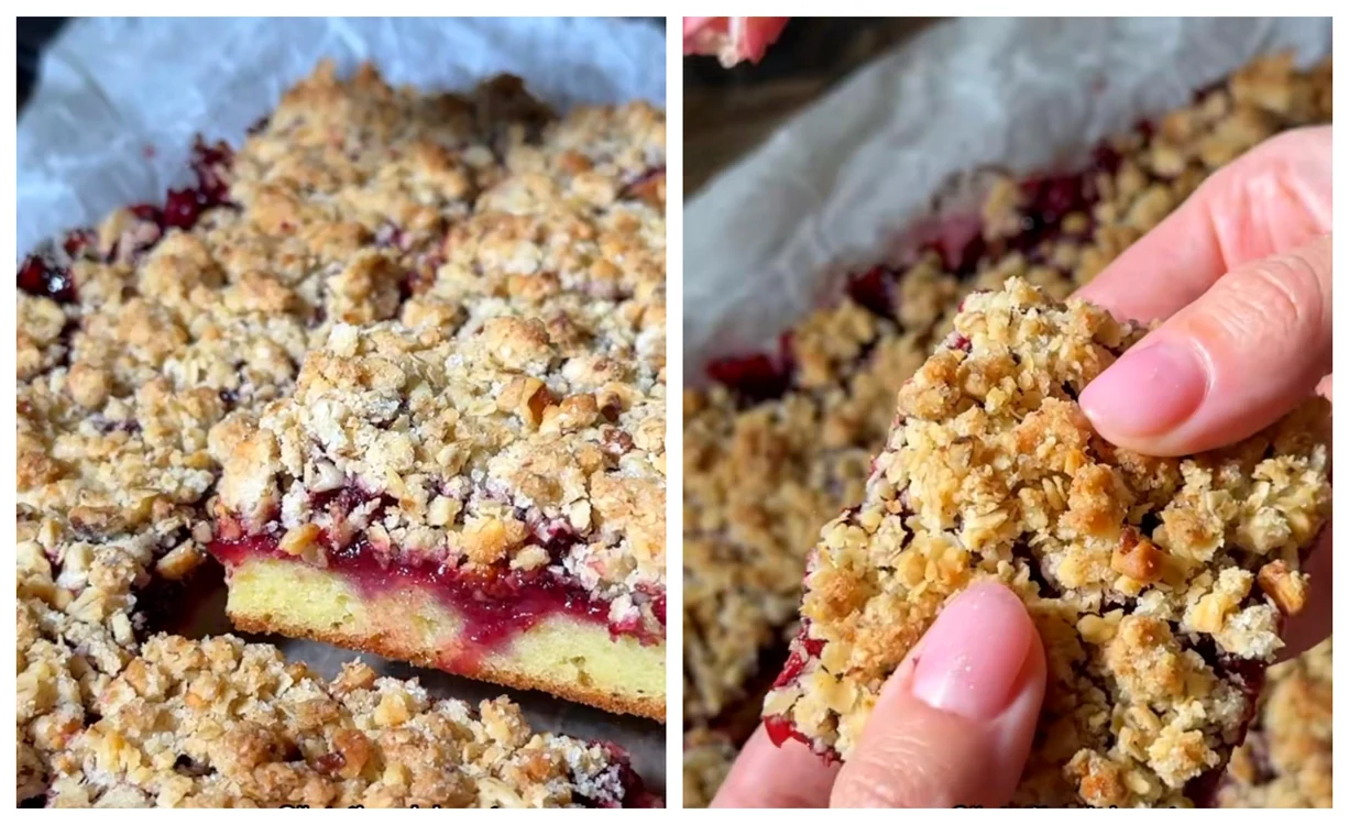 Prăjitură cu dulceață și aluat crumble / Foto: colaj captură video TikTok