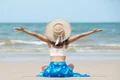 happy asian woman smiling having fun beach jpg