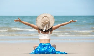 happy asian woman smiling having fun beach jpg