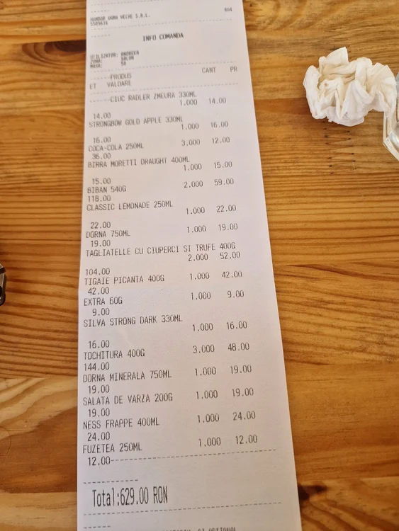 Pe nota de plată se vede că o simplă salată de varză de 200 g costă aproape 20 de lei