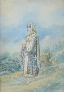 „Țărancă din Argeș”, semnat stânga jos, cu roșu: „Szathmàri”, inscripție dreapta jos, cu roșu; „Argisŭ” (© Muzeul Nicolae Minovici)