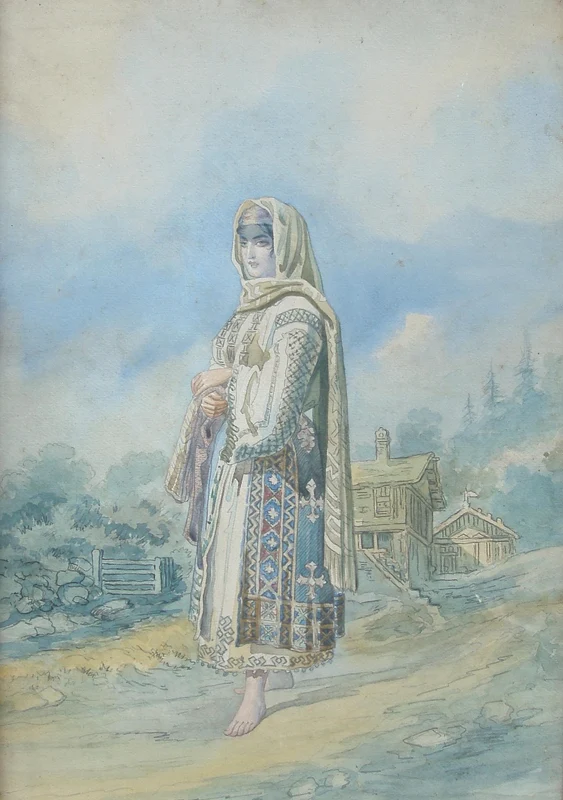 „Țărancă din Argeș”, semnat stânga jos, cu roșu: „Szathmàri”, inscripție dreapta jos, cu roșu; „Argisŭ” (© Muzeul Nicolae Minovici)