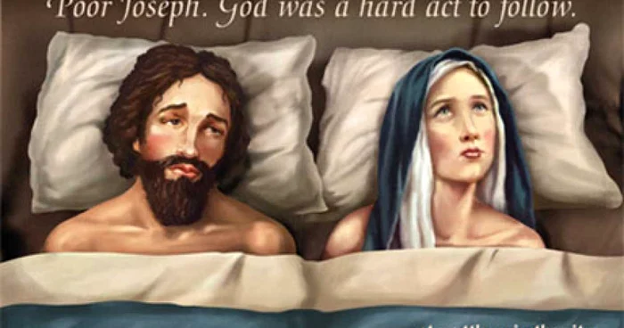 Afişul înfăţişează o imagine semi-nudă a Fecioarei Maria şi a Sfântului Iosif