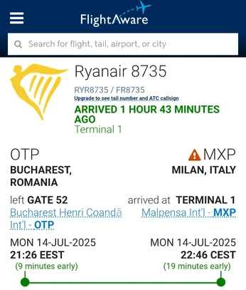 FOTO: Captură de ecran Flightaware