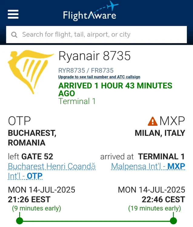 FOTO: Captură de ecran Flightaware