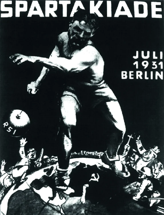 Afișul celei de-a doua Spartakiade internaționale, desfășurată la Berlin în iulie 1931. Afișul are o conotație politică și propagandistică intensă: Internaționala Roșie a Sportului (RSI) apără Uniunea Sovietică (foto: Wikimedia Commons)
