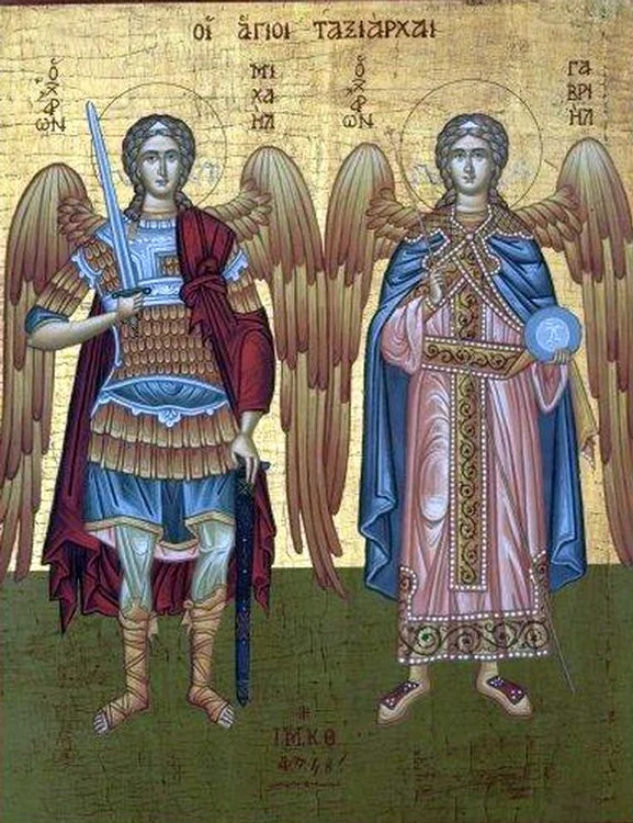 
    Sfinţii Arhangheli Mihail şi Gavriil, într-o icoană de inspiraţie slavă.  